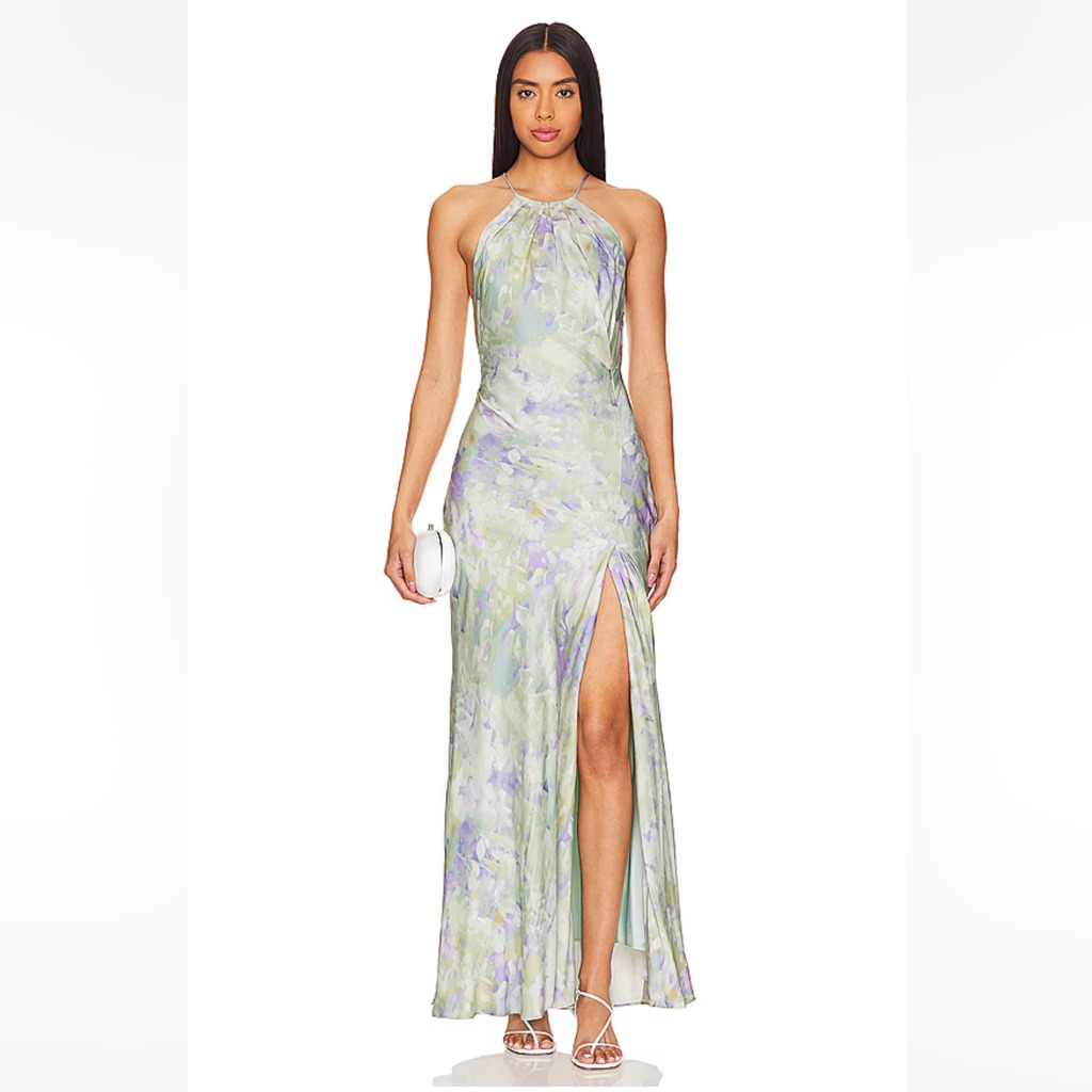 New Revolve Astr Elynor Dress In Purple Abstract Sz Medium Long Satin Maxi Gown
